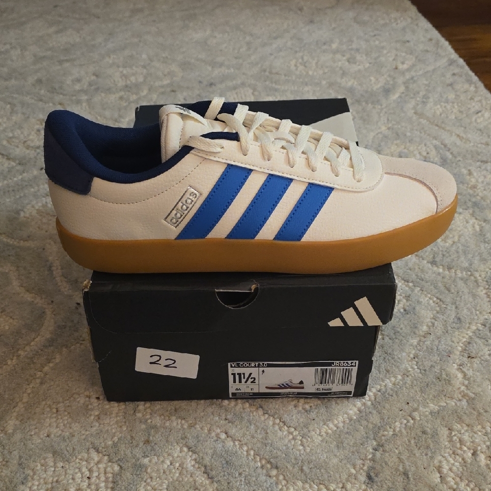 adidas Men’s White Sneakers with Blue Stripes and Gum Sole